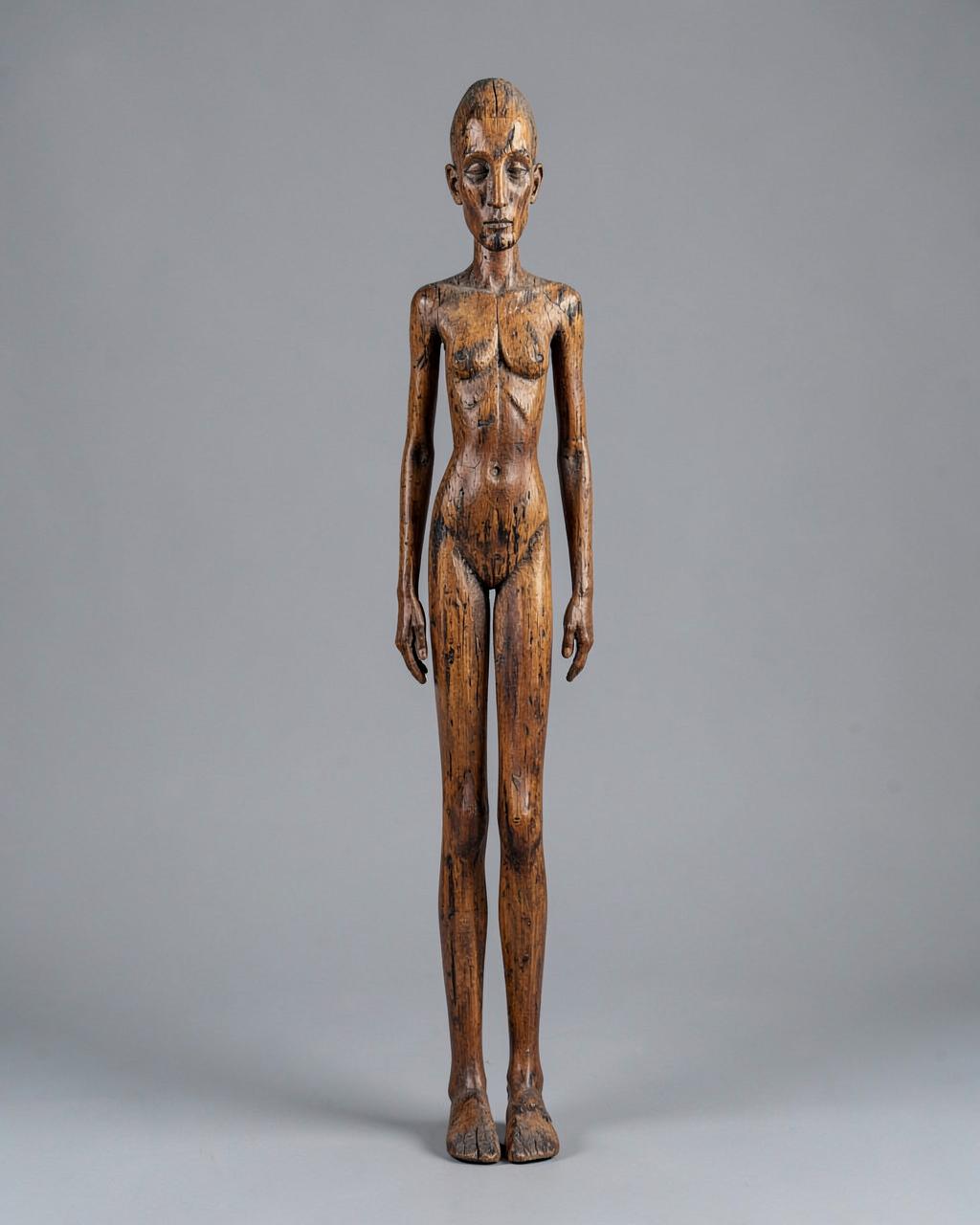 Demo photo: tall slender carved wooden standing figure on a grey backdrop